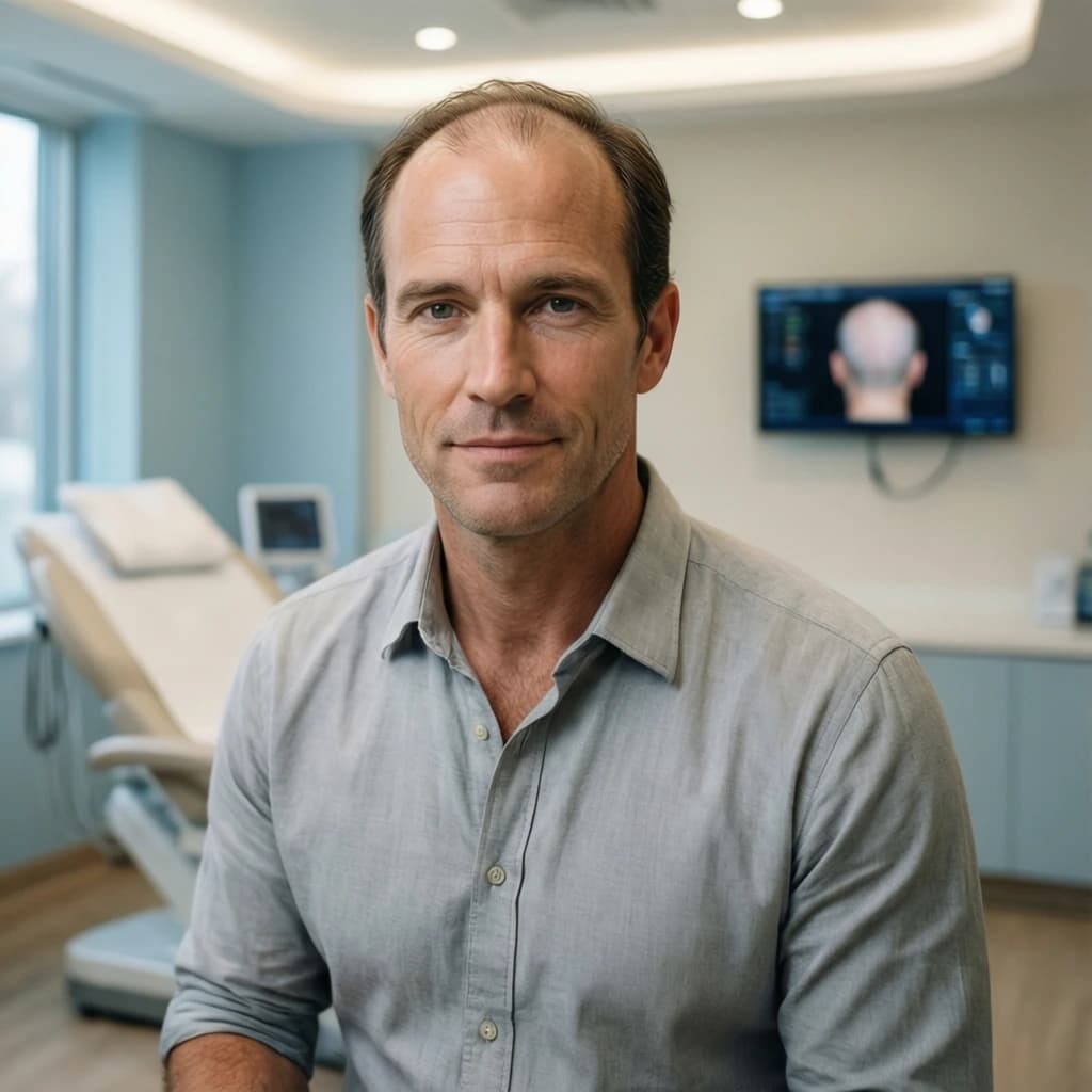 How Much Do Hair Transplants Cost for Men? Case Study: Chris, 32 portrait showing a realistic patient consultation example
