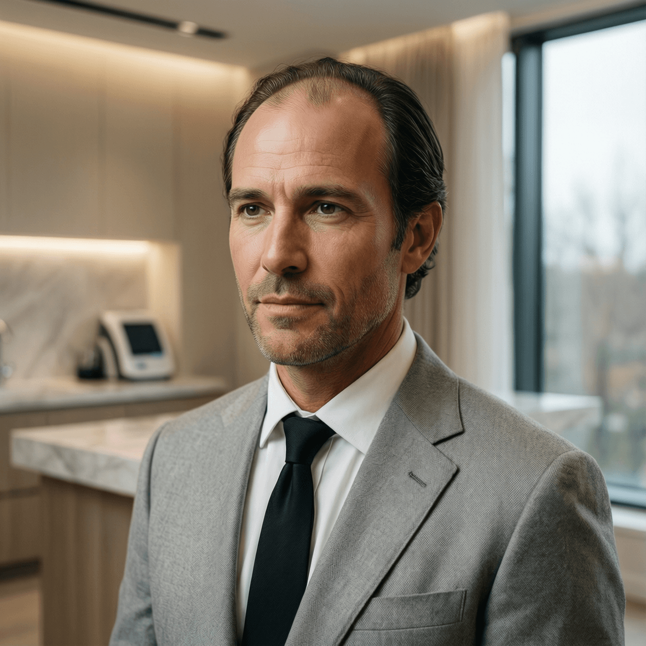 Crown FUE Hair Transplant Cost Case Study for Daniel Crown FUE hair transplant cost case example showing a male consultation portrait for Daniel